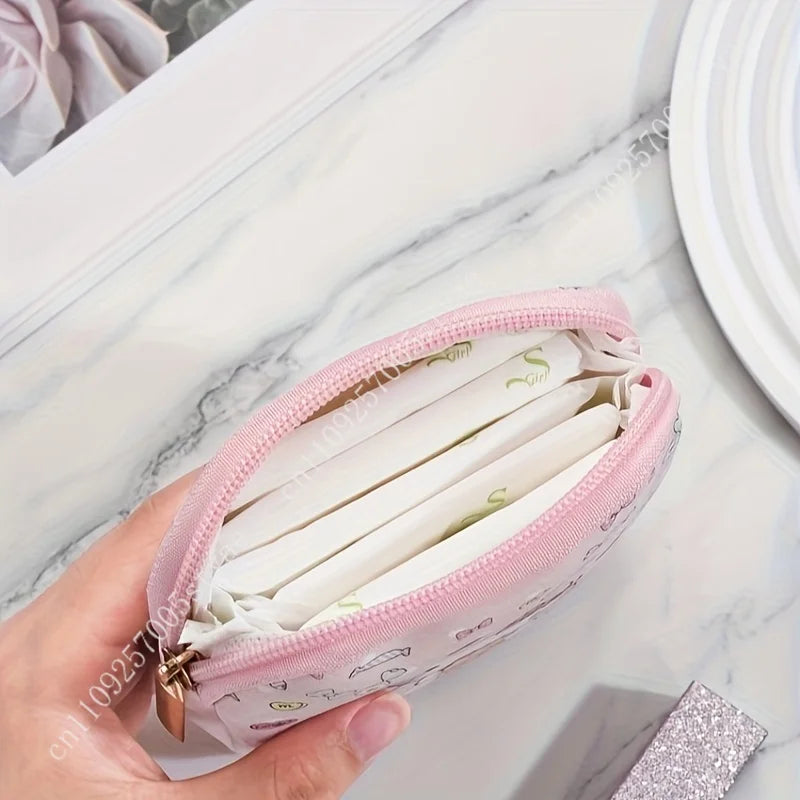 Sanrio Hello Kitty Cute Pink PU Menstrual Bag Lightweight and Portable Zipper Storage Bags for Sanitary Napkins Cosmetics