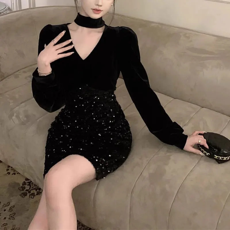 Women's Clothing Vintage V-Neck Mini Dress Vintage Bag Hip Elegant Autumn New Fashionable Sequined Patchwork Waist Aura Dresses