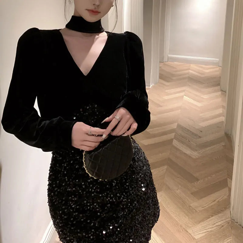 Women's Clothing Vintage V-Neck Mini Dress Vintage Bag Hip Elegant Autumn New Fashionable Sequined Patchwork Waist Aura Dresses
