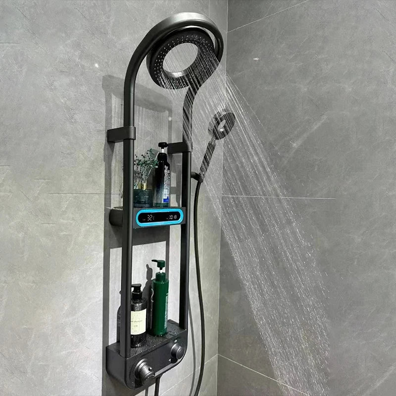 Modern Wall Mounted Constant Temperature SPA Rain Shower Panel Set with Storage Rack Smart Display Bathroom Donuts Shower System