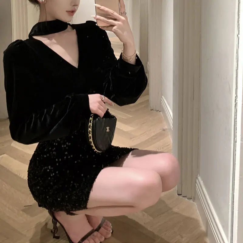 Women's Clothing Vintage V-Neck Mini Dress Vintage Bag Hip Elegant Autumn New Fashionable Sequined Patchwork Waist Aura Dresses