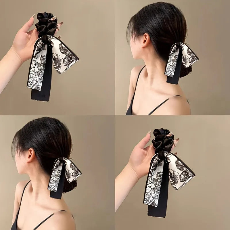Black Velvet Retro Art Black White Printed Long Ribbon Hairband Bow Shaped Women Curling Elegant Fashion Versatile Decorative