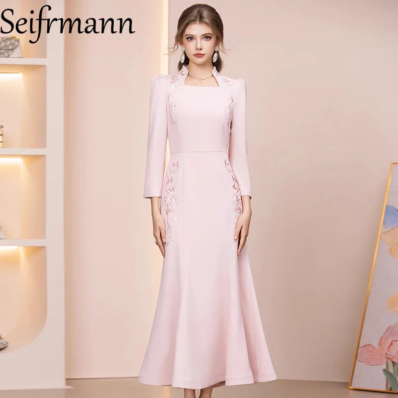 Seifrmann 2026 Spring Women's New Fashion Stand up Collar Long Sleeve Embroidered Waist cinching Bag Hip Fish Tail Dress