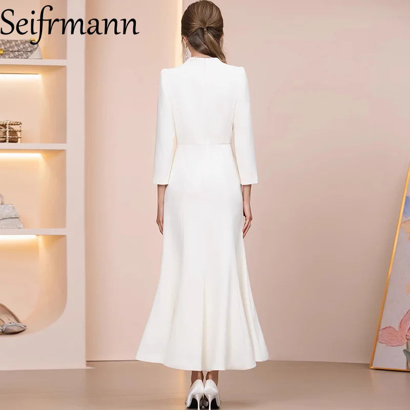 Seifrmann 2026 Spring Women's New Fashion Stand up Collar Long Sleeve Embroidered Waist cinching Bag Hip Fish Tail Dress