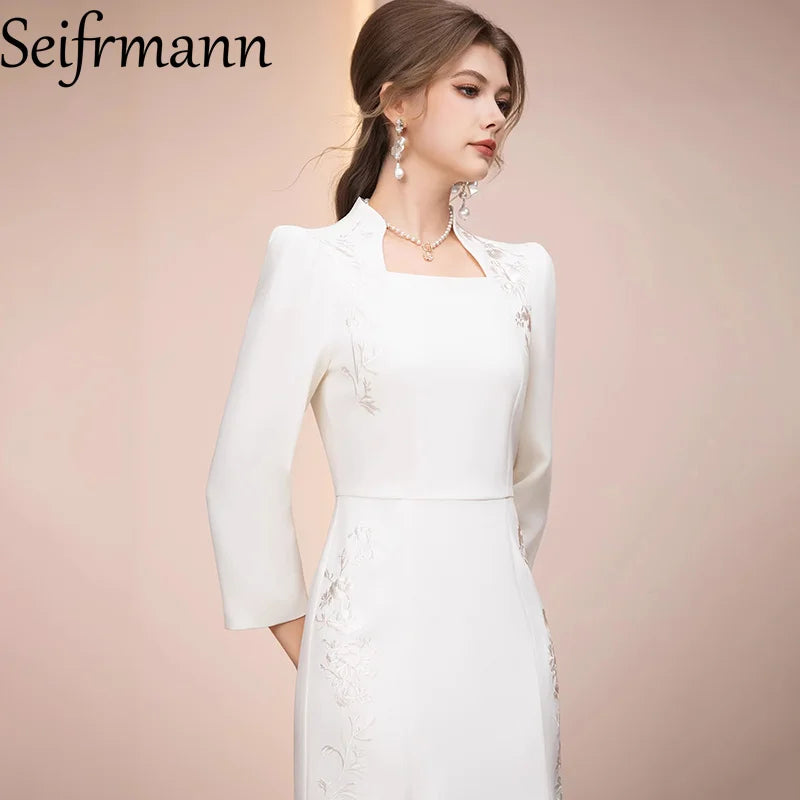 Seifrmann 2026 Spring Women's New Fashion Stand up Collar Long Sleeve Embroidered Waist cinching Bag Hip Fish Tail Dress
