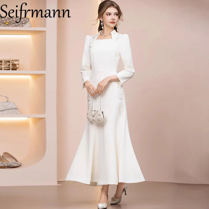 Seifrmann 2026 Spring Women's New Fashion Stand up Collar Long Sleeve Embroidered Waist cinching Bag Hip Fish Tail Dress