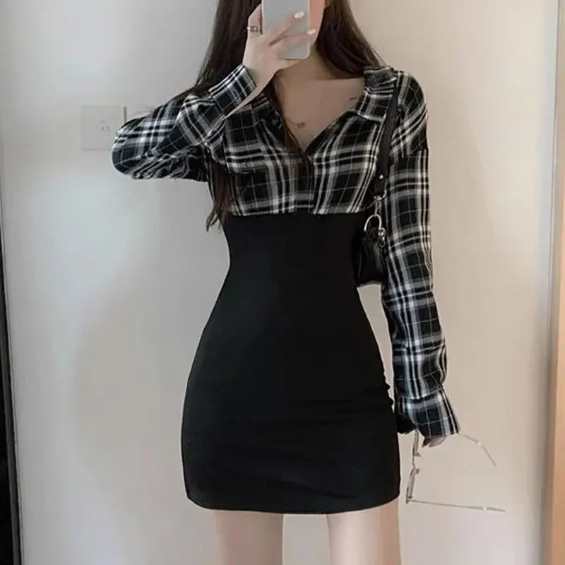 Korean Plaid Fashion Patchwork Dresses Autumn Long Sleeve Waist Slim Female Clothing Turn-down Collar Elegant Bag Hip Mini Dress