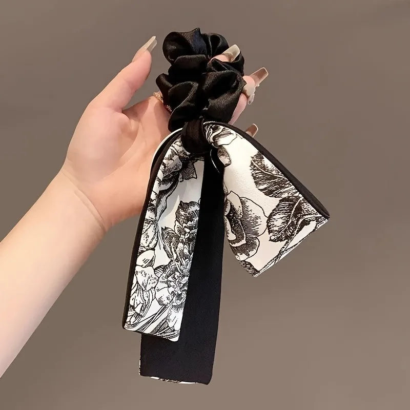 Black Velvet Retro Art Black White Printed Long Ribbon Hairband Bow Shaped Women Curling Elegant Fashion Versatile Decorative