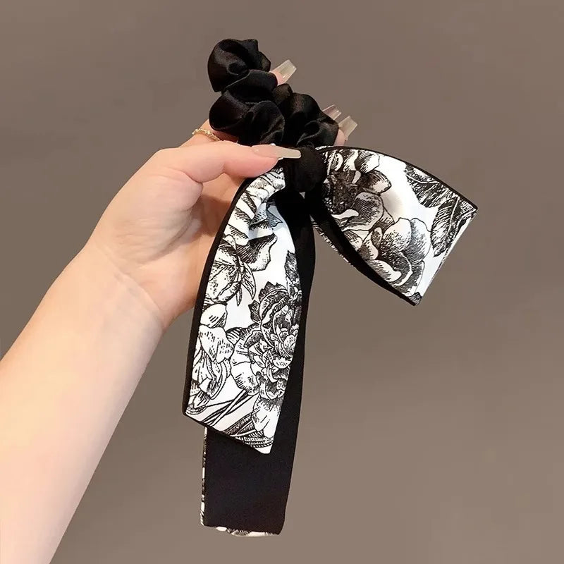 Black Velvet Retro Art Black White Printed Long Ribbon Hairband Bow Shaped Women Curling Elegant Fashion Versatile Decorative