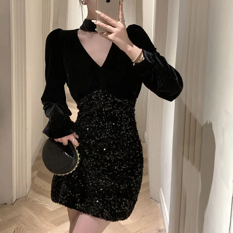 Women's Clothing Vintage V-Neck Mini Dress Vintage Bag Hip Elegant Autumn New Fashionable Sequined Patchwork Waist Aura Dresses