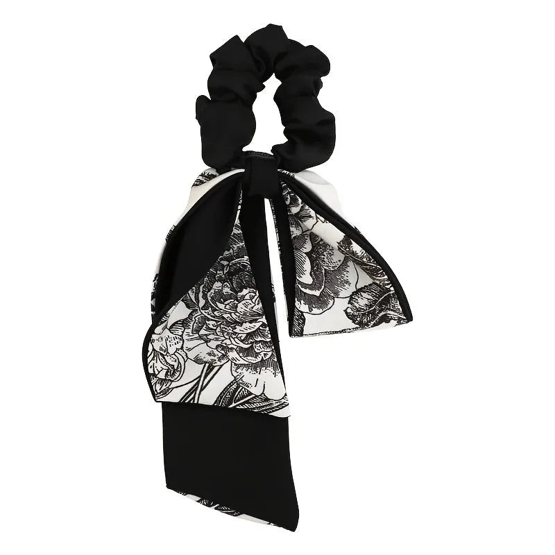 Black Velvet Retro Art Black White Printed Long Ribbon Hairband Bow Shaped Women Curling Elegant Fashion Versatile Decorative