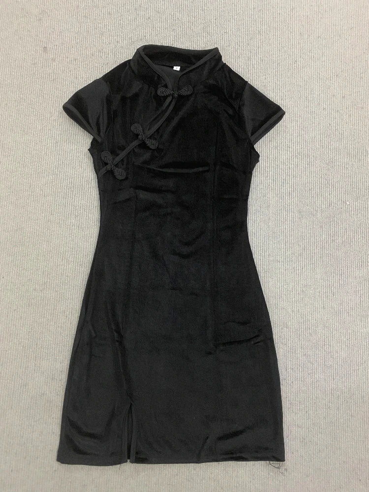 Black Hot Girl Pure Desire Style Split Tight Bag Hip Skirt Fashion Aesthetic Slim Gold Velvet Improved Cheongsam Dress for Women
