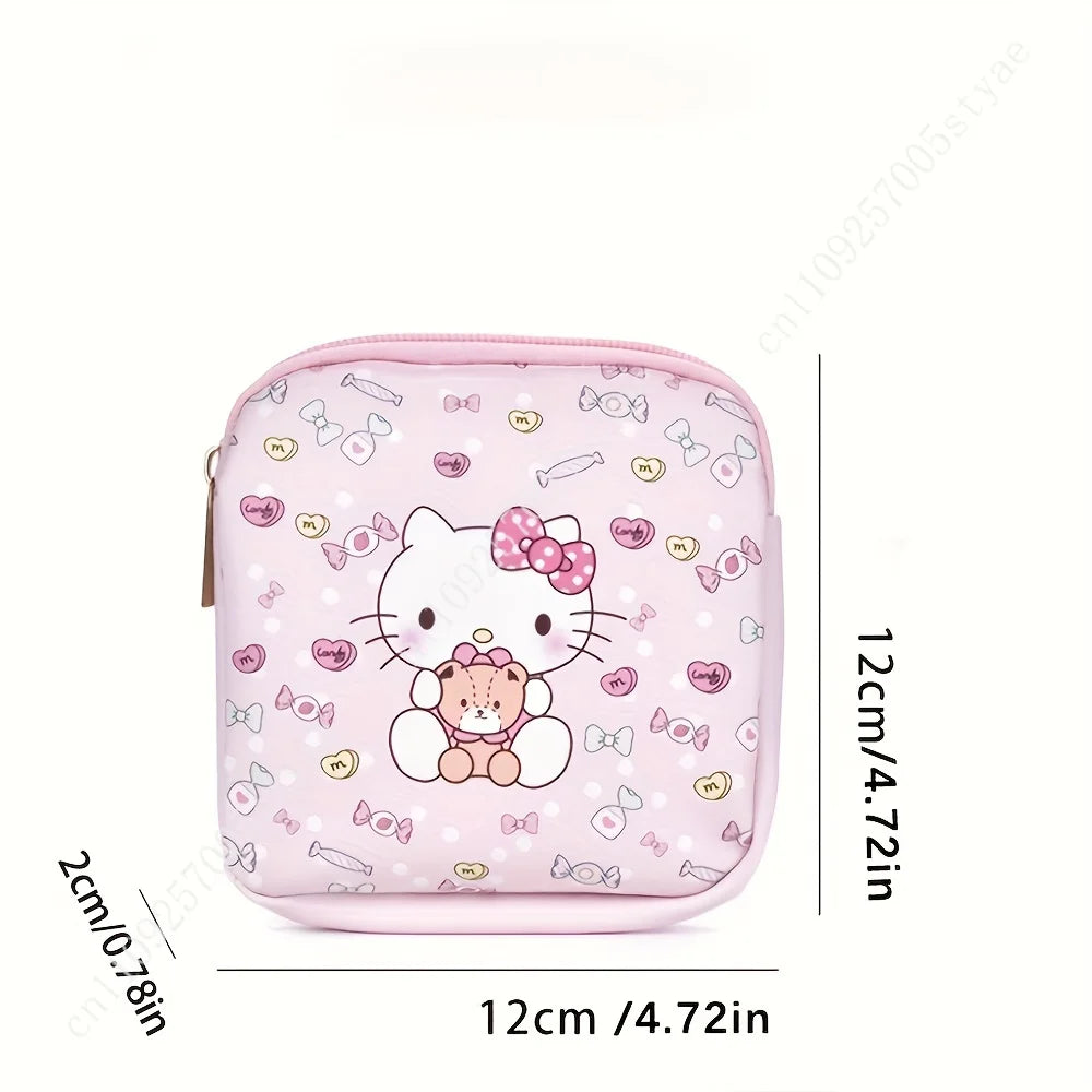 Sanrio Hello Kitty Cute Pink PU Menstrual Bag Lightweight and Portable Zipper Storage Bags for Sanitary Napkins Cosmetics