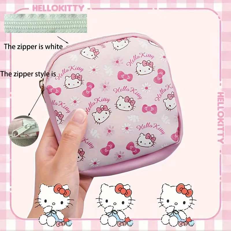 Sanrio Hello Kitty Cute Pink PU Menstrual Bag Lightweight and Portable Zipper Storage Bags for Sanitary Napkins Cosmetics