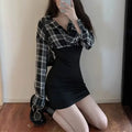 Korean Plaid Fashion Patchwork Dresses Autumn Long Sleeve Waist Slim Female Clothing Turn-down Collar Elegant Bag Hip Mini Dress