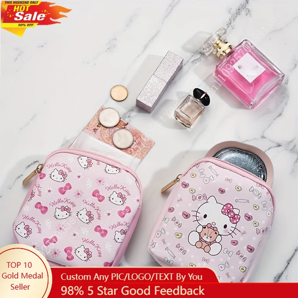 Sanrio Hello Kitty Cute Pink PU Menstrual Bag Lightweight and Portable Zipper Storage Bags for Sanitary Napkins Cosmetics