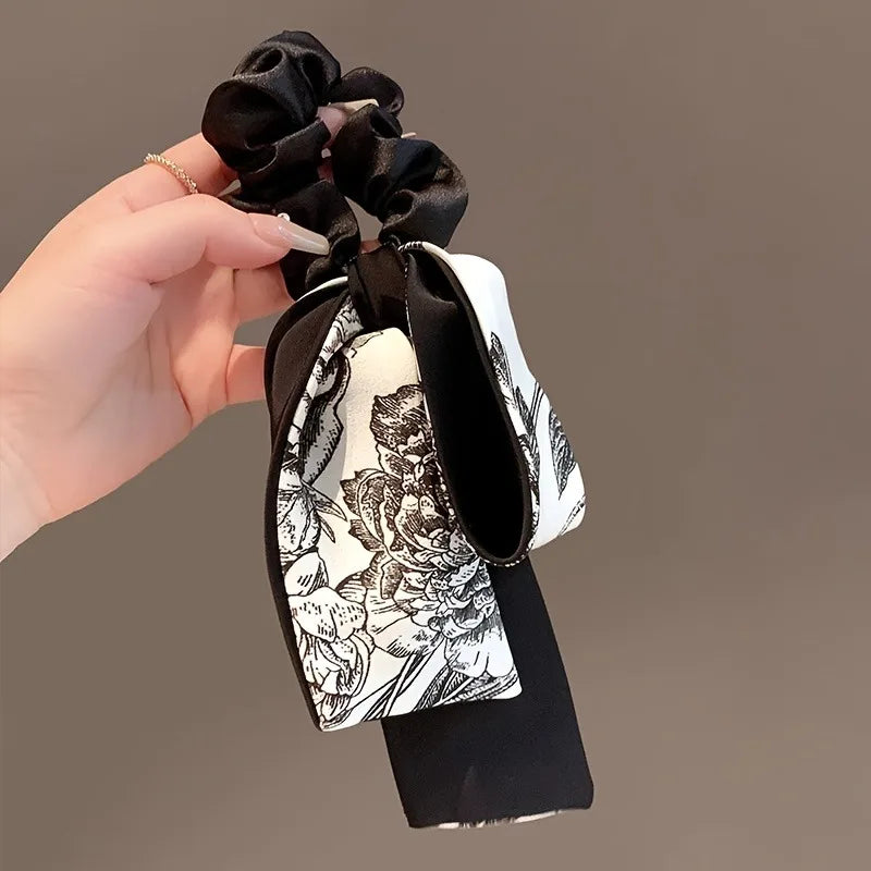Black Velvet Retro Art Black White Printed Long Ribbon Hairband Bow Shaped Women Curling Elegant Fashion Versatile Decorative
