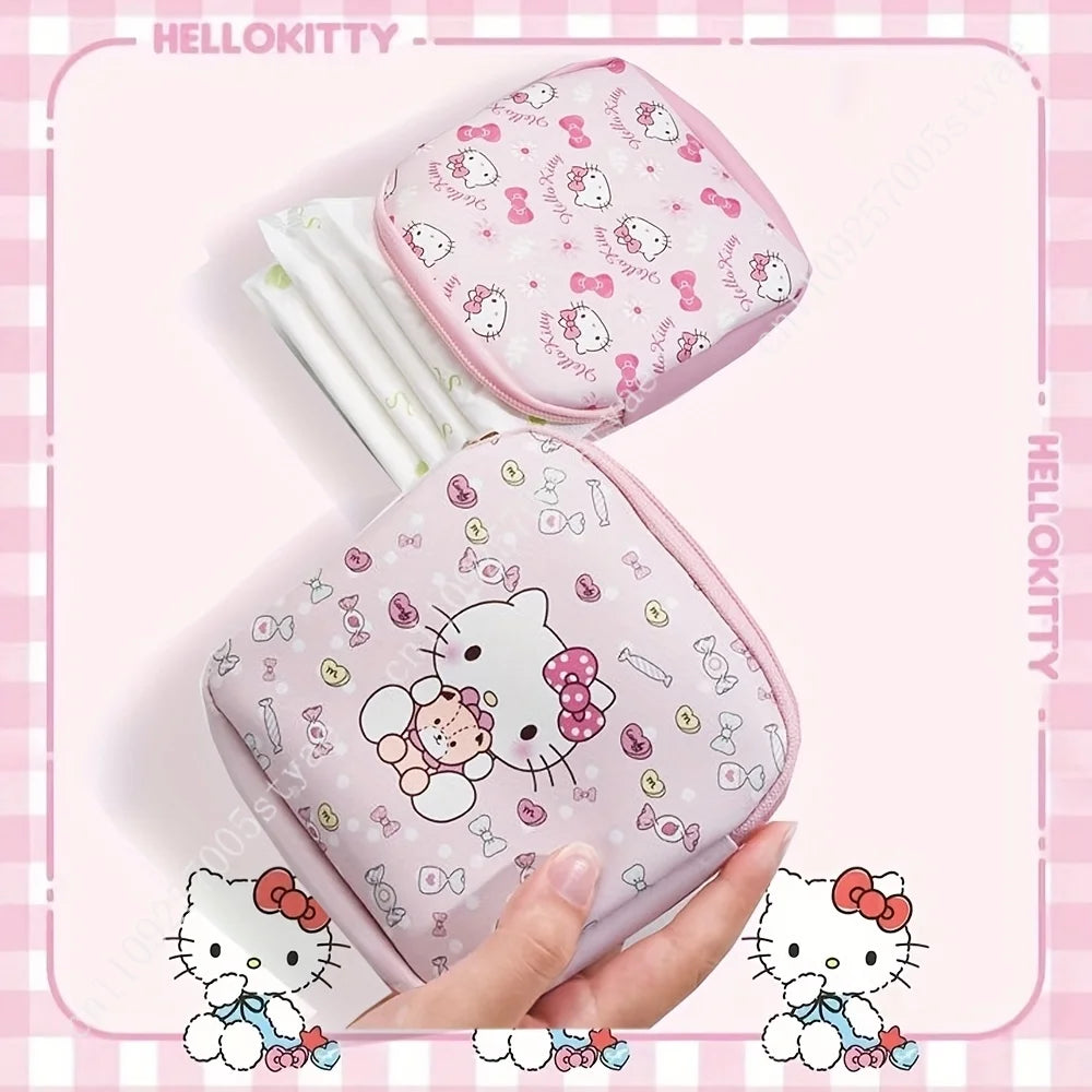 Sanrio Hello Kitty Cute Pink PU Menstrual Bag Lightweight and Portable Zipper Storage Bags for Sanitary Napkins Cosmetics
