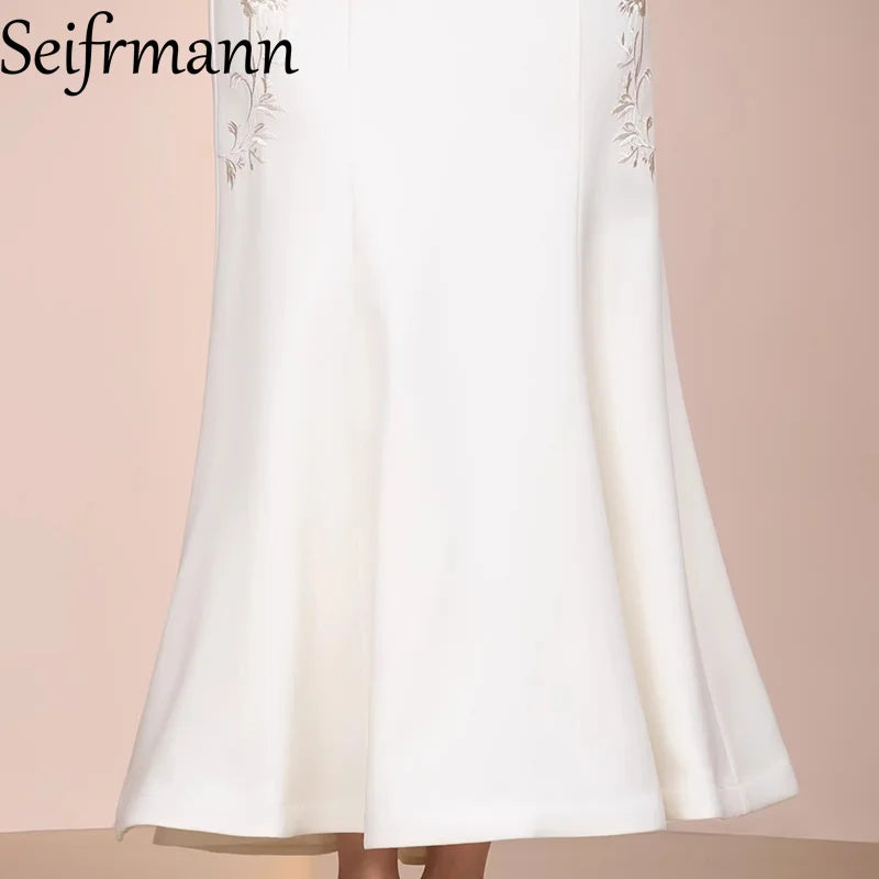 Seifrmann 2026 Spring Women's New Fashion Stand up Collar Long Sleeve Embroidered Waist cinching Bag Hip Fish Tail Dress