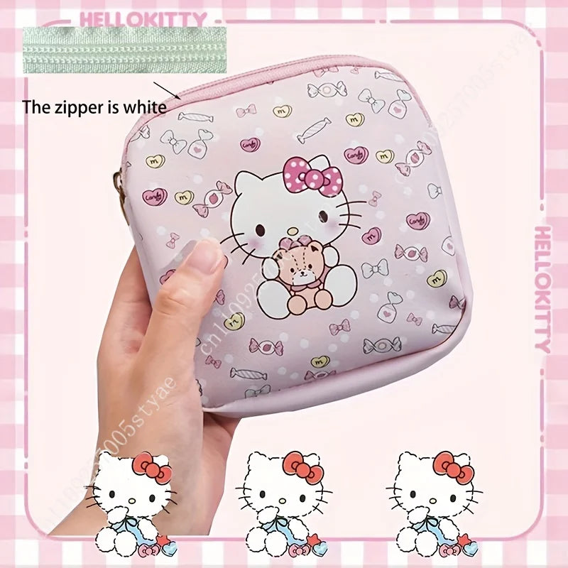 Sanrio Hello Kitty Cute Pink PU Menstrual Bag Lightweight and Portable Zipper Storage Bags for Sanitary Napkins Cosmetics