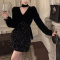 Women's Clothing Vintage V-Neck Mini Dress Vintage Bag Hip Elegant Autumn New Fashionable Sequined Patchwork Waist Aura Dresses