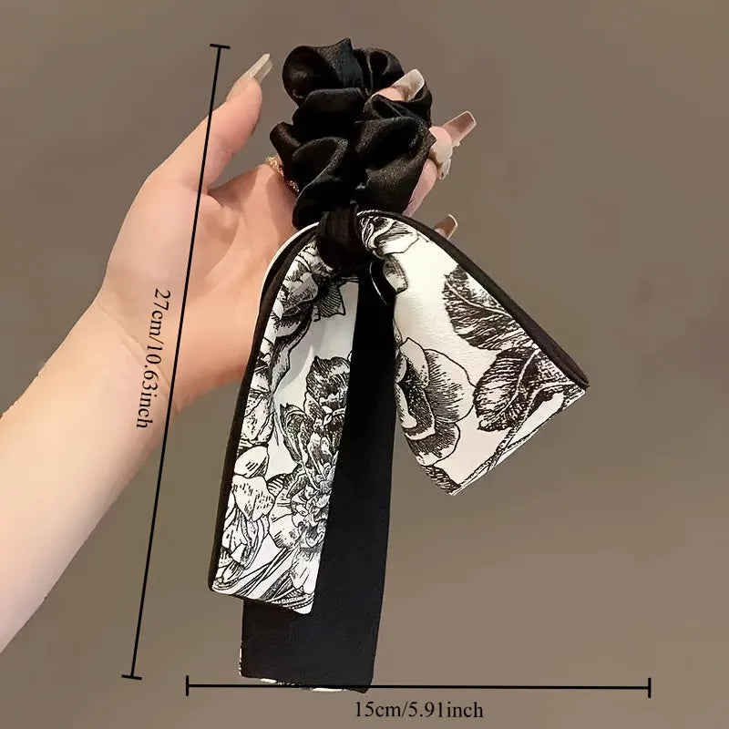Black Velvet Retro Art Black White Printed Long Ribbon Hairband Bow Shaped Women Curling Elegant Fashion Versatile Decorative