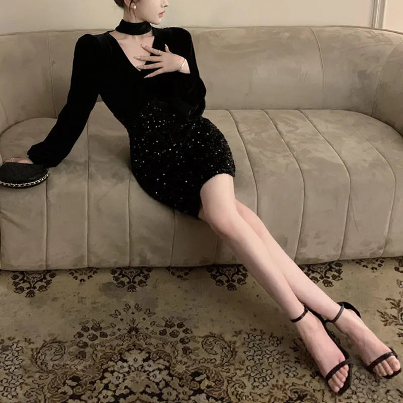 Women's Clothing Vintage V-Neck Mini Dress Vintage Bag Hip Elegant Autumn New Fashionable Sequined Patchwork Waist Aura Dresses