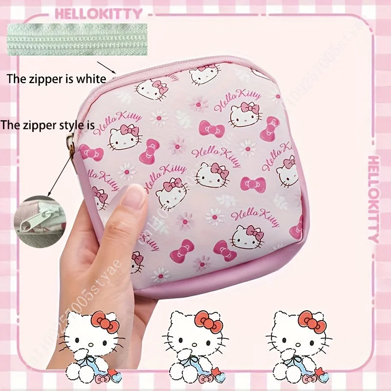 Sanrio Hello Kitty Cute Pink PU Menstrual Bag Lightweight and Portable Zipper Storage Bags for Sanitary Napkins Cosmetics