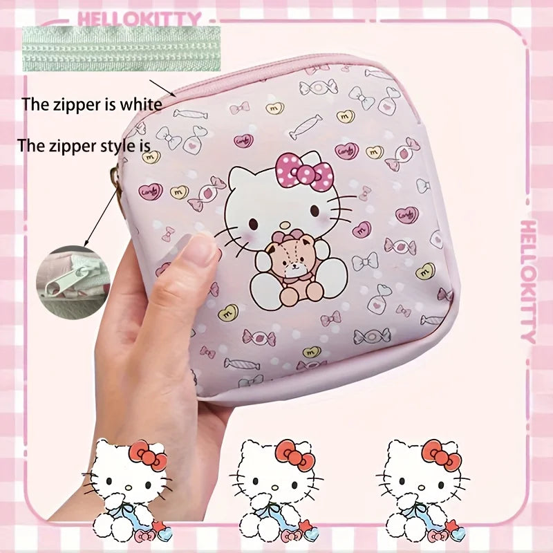 Sanrio Hello Kitty Cute Pink PU Menstrual Bag Lightweight and Portable Zipper Storage Bags for Sanitary Napkins Cosmetics