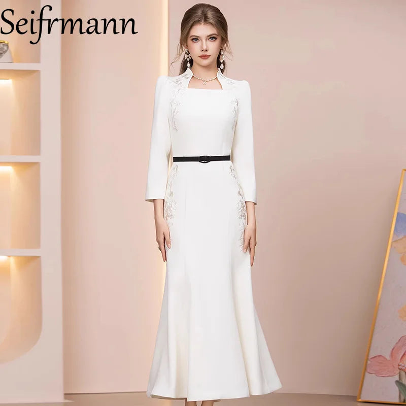 Seifrmann 2026 Spring Women's New Fashion Stand up Collar Long Sleeve Embroidered Waist cinching Bag Hip Fish Tail Dress